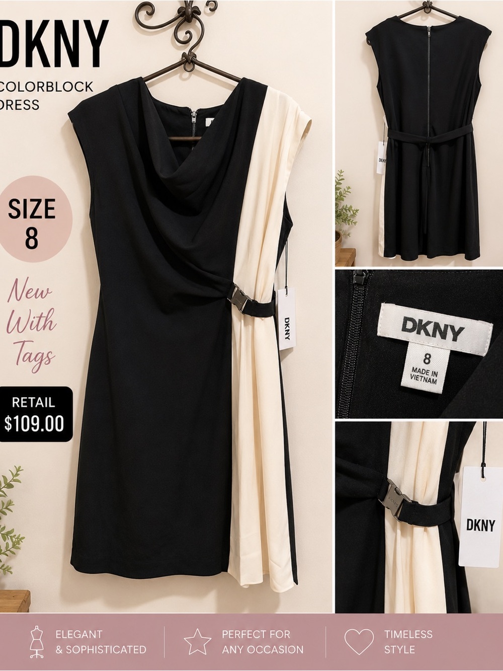 DKNY Black and Cream Colorblock Midi Dress